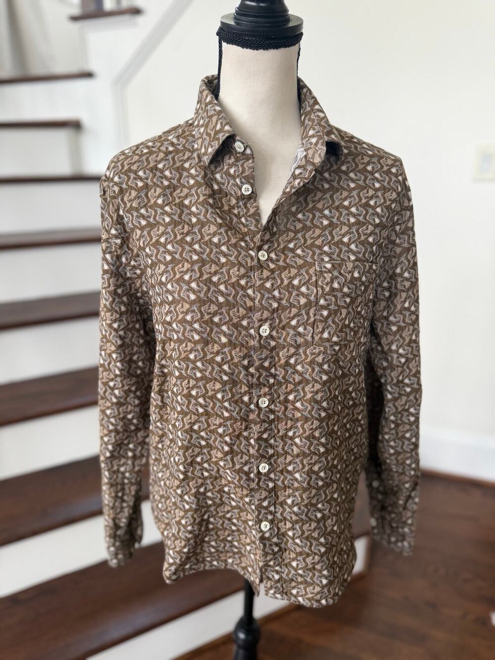 Billy Reid Brown Textured Geometric Print Cotton Long Sleeve Button Down Shirt